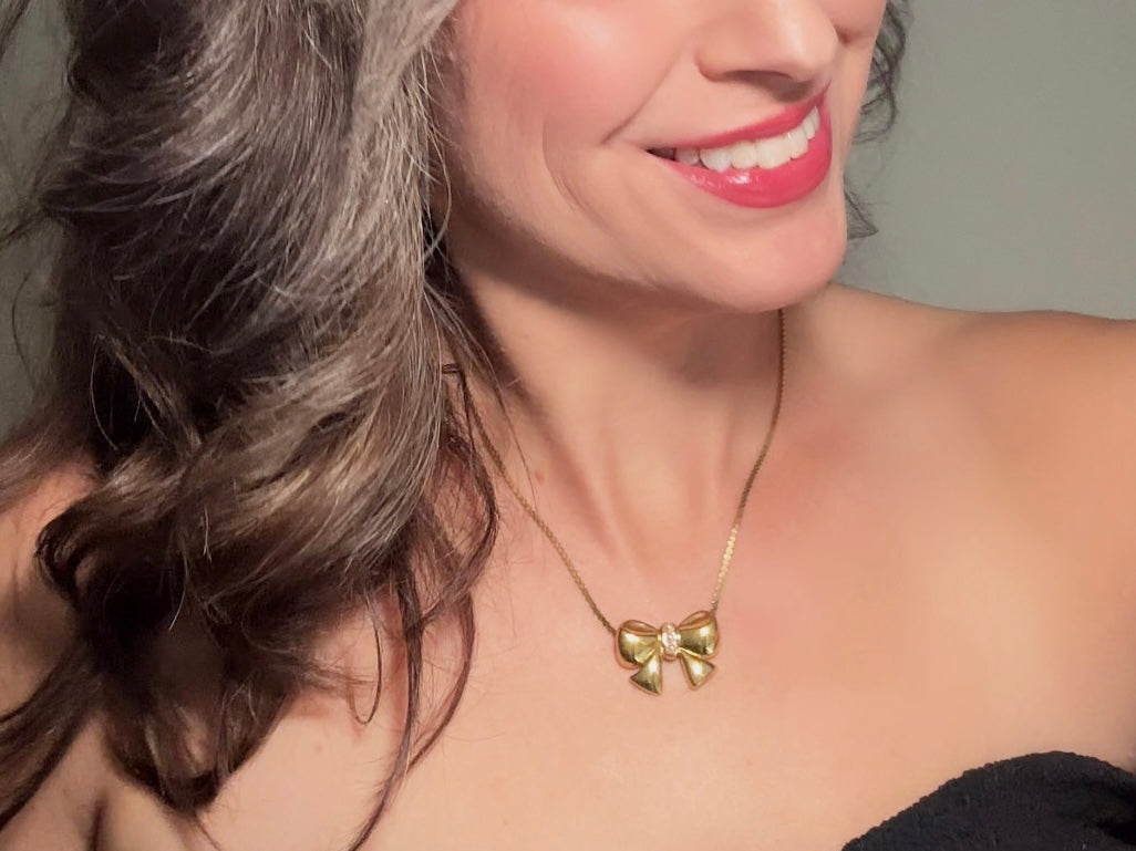 Vintage Gold Bow Necklace, Marvella Slide Pendant Necklace with Tiny Pearl Accents, Gold Ribbon Christmas Necklace on 18" Serpentine Chain