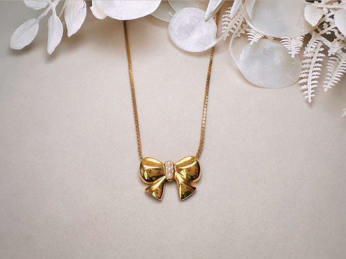 Vintage Gold Bow Necklace, Marvella Slide Pendant Necklace with Tiny Pearl Accents, Gold Ribbon Christmas Necklace on 18" Serpentine Chain