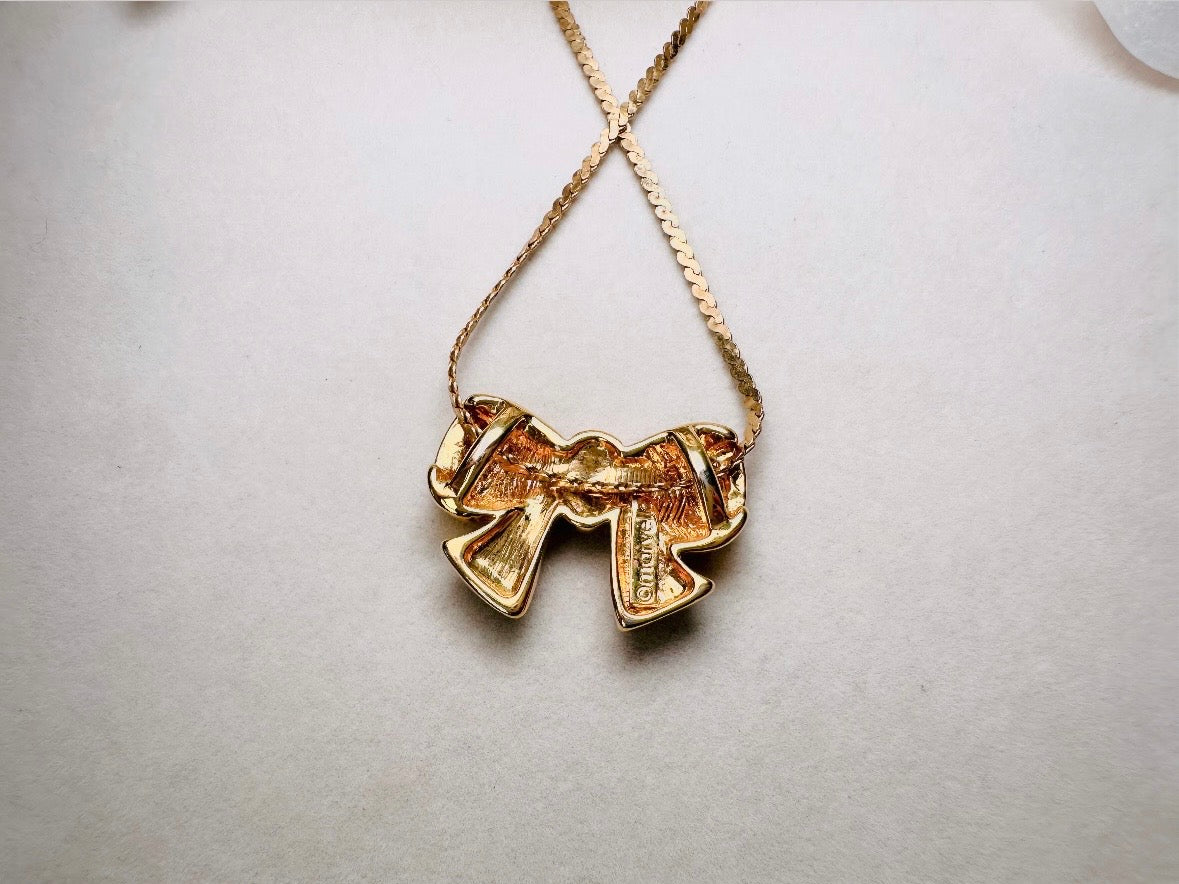 Vintage Gold Bow Necklace, Marvella Slide Pendant Necklace with Tiny Pearl Accents, Gold Ribbon Christmas Necklace on 18" Serpentine Chain