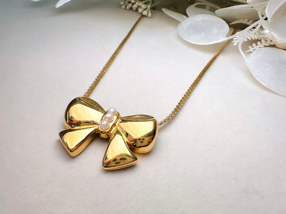 Vintage Gold Bow Necklace, Marvella Slide Pendant Necklace with Tiny Pearl Accents, Gold Ribbon Christmas Necklace on 18" Serpentine Chain