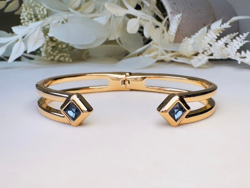 Vintage Gold Bracelet with Blue Crystals, Open Cuff Hinged Bracelet for Stacking