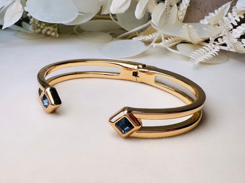 Vintage Gold Bracelet with Blue Crystals, Open Cuff Hinged Bracelet for Stacking
