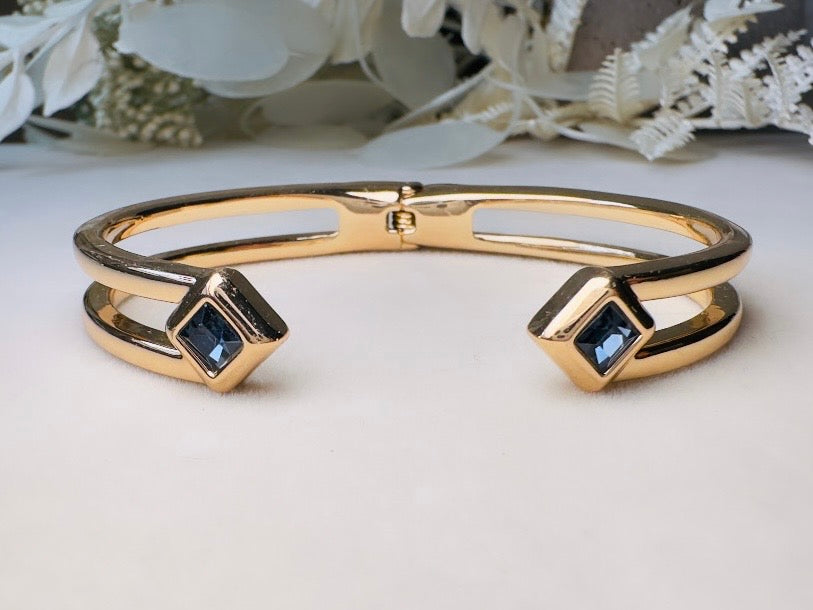 Vintage Gold Bracelet with Blue Crystals, Open Cuff Hinged Bracelet for Stacking