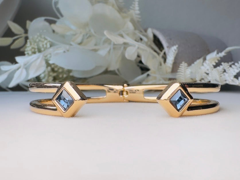 Vintage Gold Bracelet with Blue Crystals, Open Cuff Hinged Bracelet for Stacking