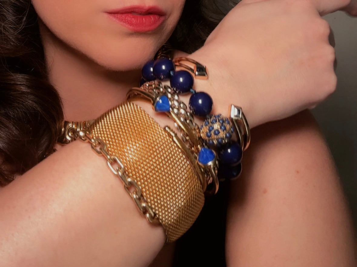 Vintage Gold Bracelet with Blue Crystals, Open Cuff Hinged Bracelet for Stacking
