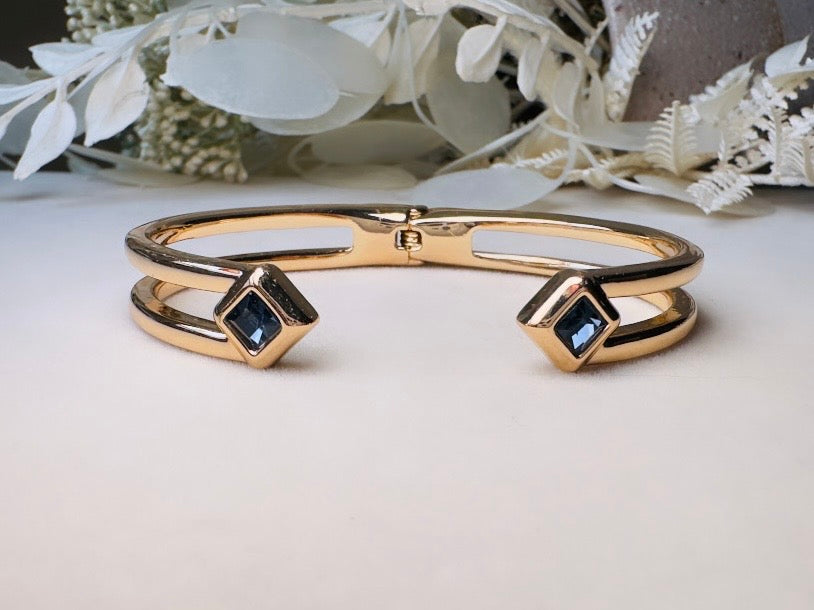 Vintage Gold Bracelet with Blue Crystals, Open Cuff Hinged Bracelet for Stacking