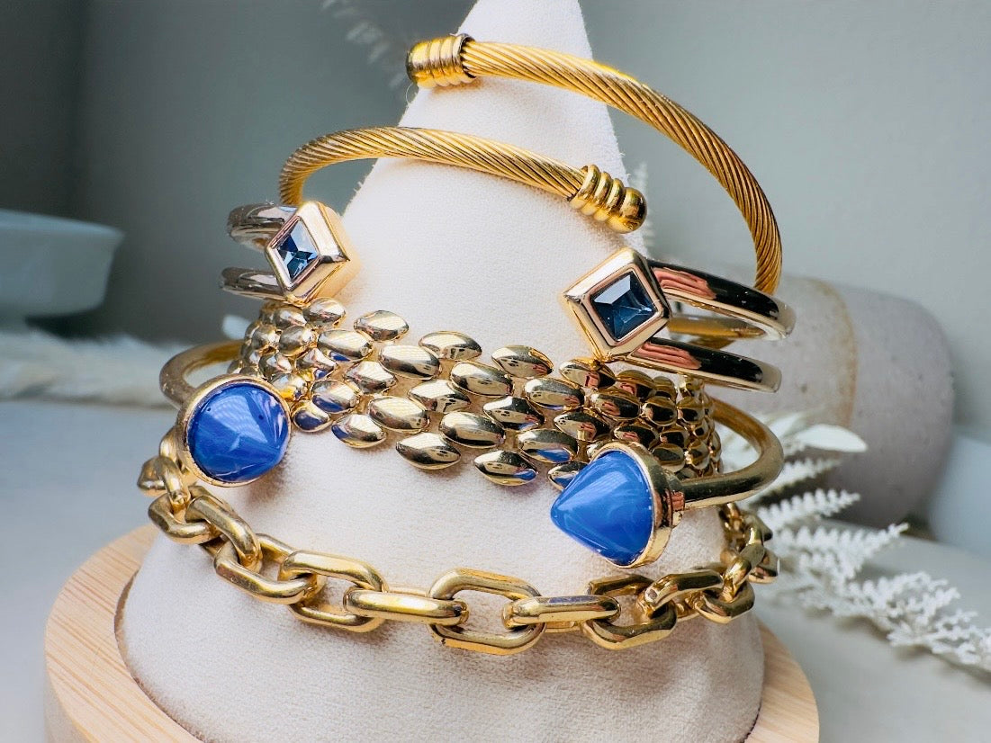 Vintage Gold Bracelet with Blue Crystals, Open Cuff Hinged Bracelet for Stacking