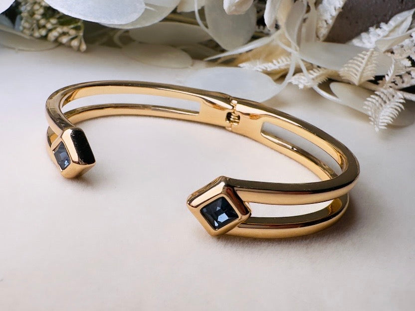 Vintage Gold Bracelet with Blue Crystals, Open Cuff Hinged Bracelet for Stacking