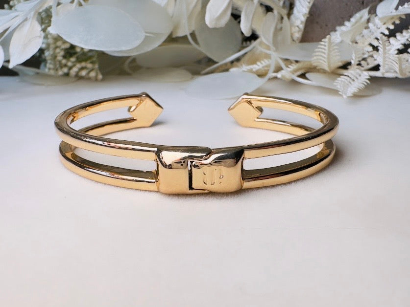 Vintage Gold Bracelet with Blue Crystals, Open Cuff Hinged Bracelet for Stacking