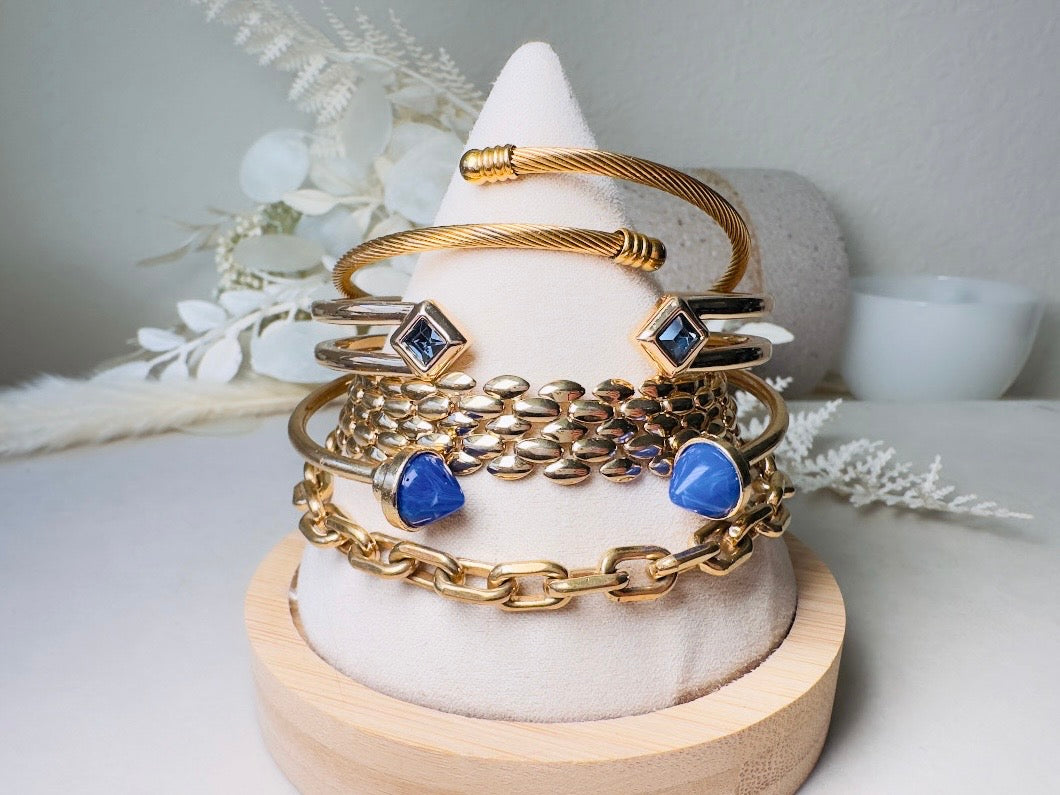 Vintage Gold Bracelet with Blue Crystals, Open Cuff Hinged Bracelet for Stacking