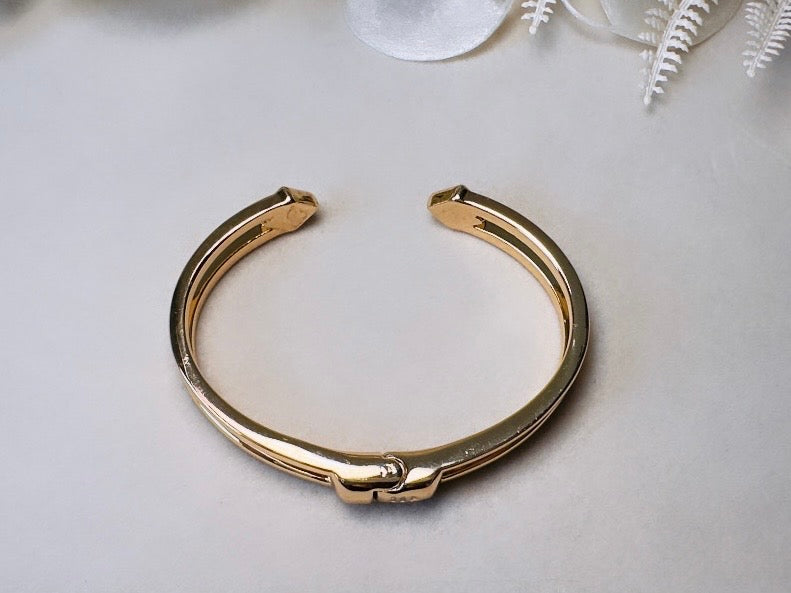 Vintage Gold Bracelet with Blue Crystals, Open Cuff Hinged Bracelet for Stacking