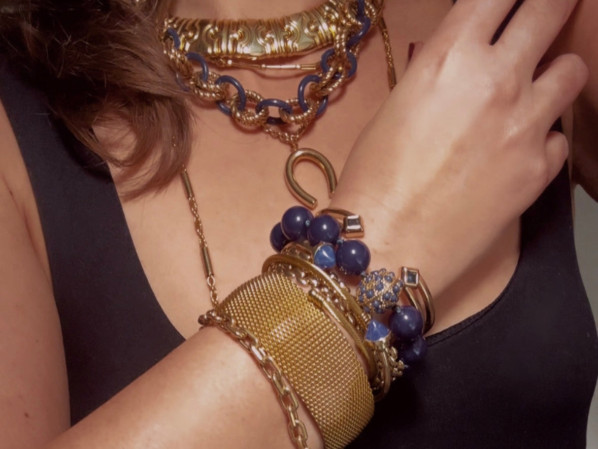 Vintage Gold Bracelet with Blue Crystals, Open Cuff Hinged Bracelet for Stacking
