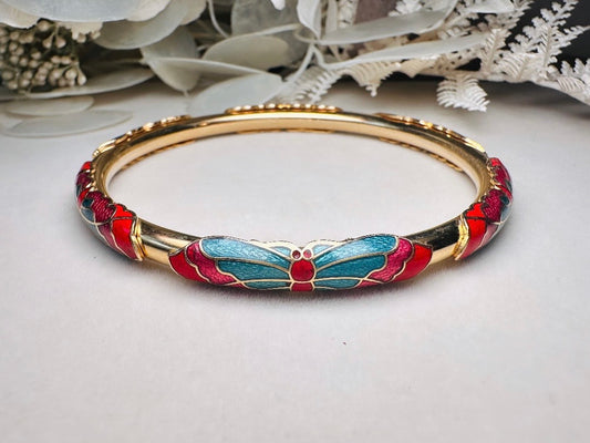 Vintage Gold Butterfly Bangle Bracelet, with Enamel Cloisonne in Blue and Red