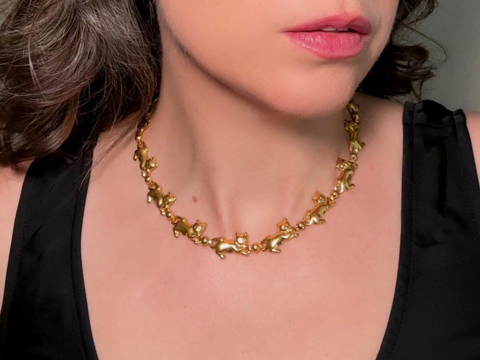 Vintage Gold Cat Necklace, Cute Avon Novelty Cat Necklace from Piggle and Pop modelled by Bethan Jayne