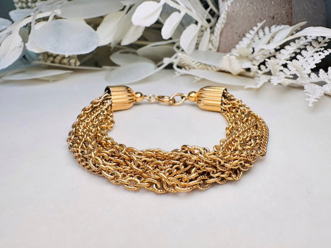 Vintage Gold Chain Bracelet, Chunky Layered Multistrand Bracelet, 1970s Classic Gold Curb and Cable Chain Estate Bracelet