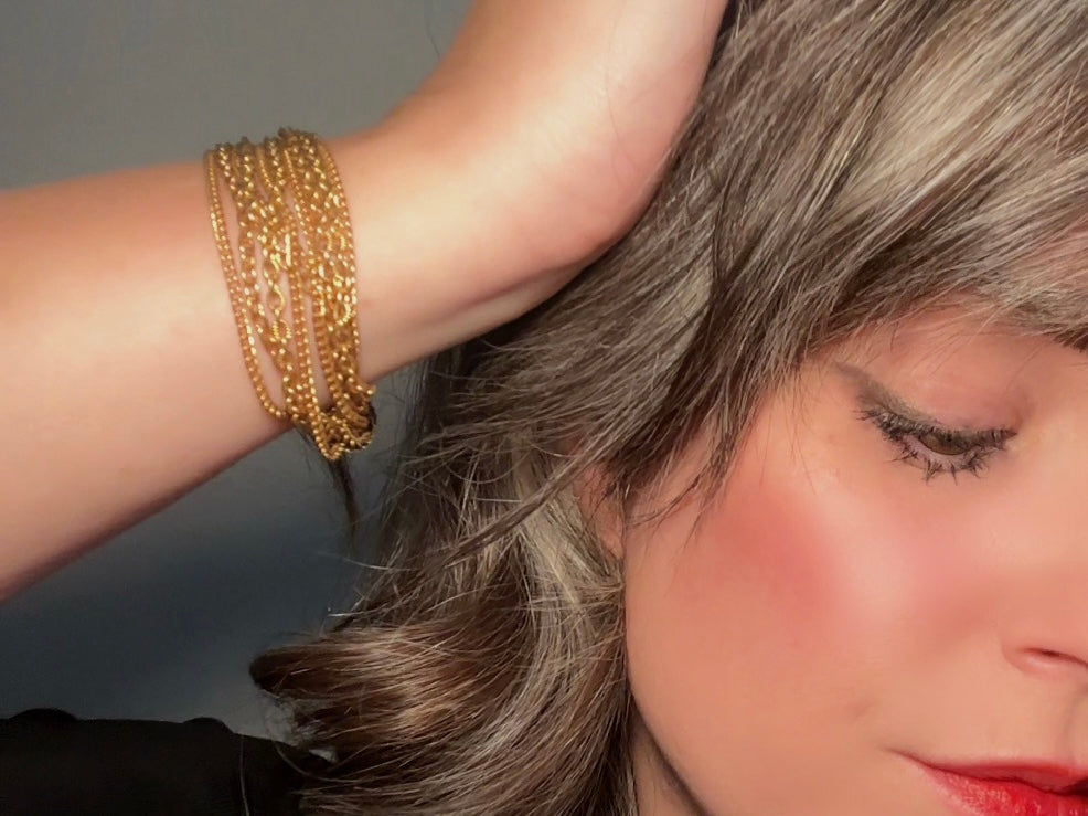 Vintage Gold Chain Bracelet, Chunky Layered Multistrand Bracelet, 1970s Classic Gold Curb and Cable Chain Estate Bracelet