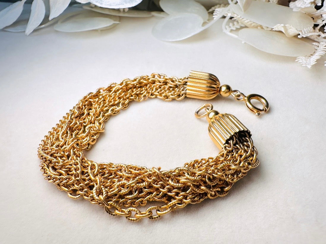 Vintage Gold Chain Bracelet, Chunky Layered Multistrand Bracelet, 1970s Classic Gold Curb and Cable Chain Estate Bracelet