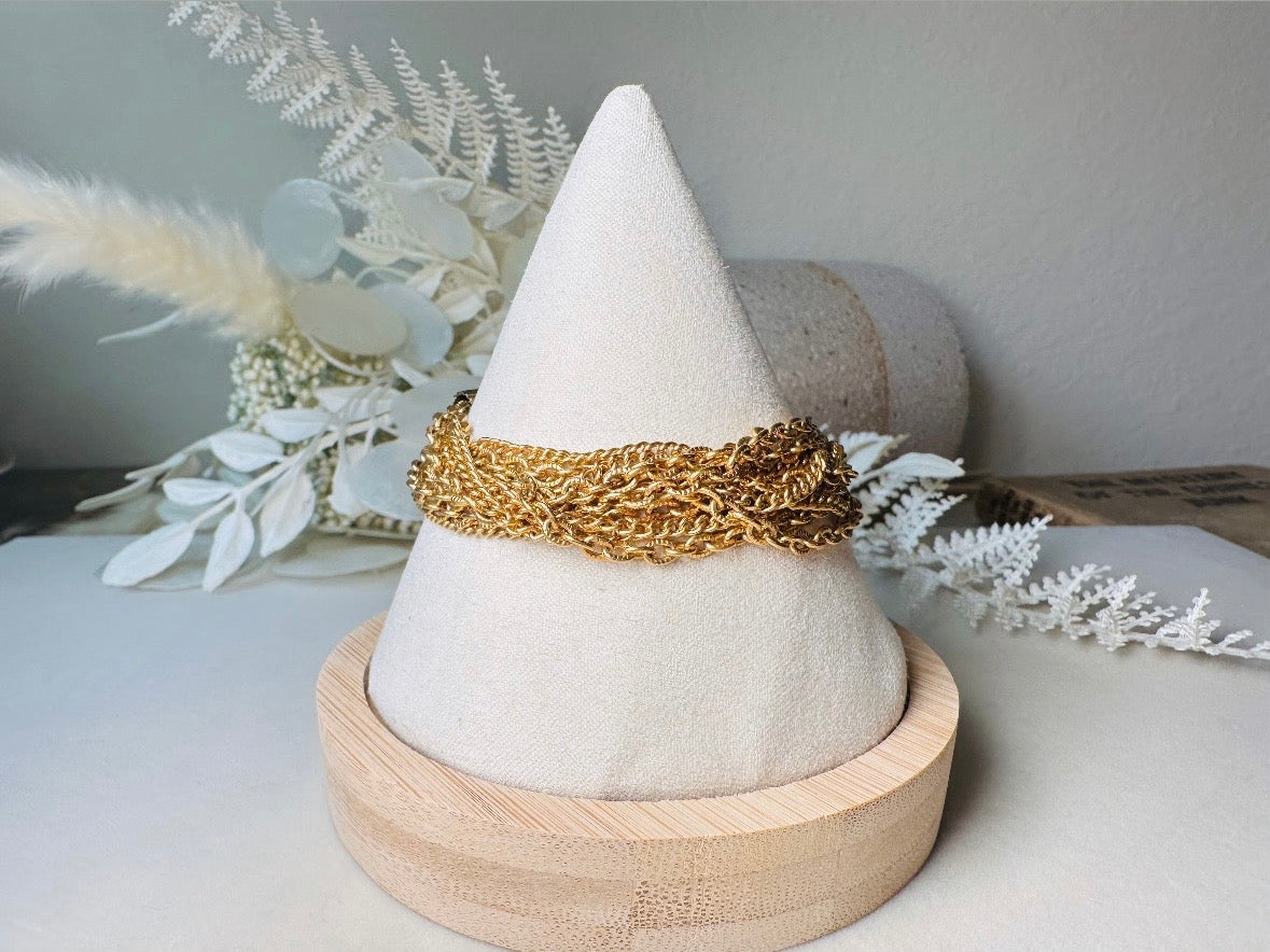 Vintage Gold Chain Bracelet, Chunky Layered Multistrand Bracelet, 1970s Classic Gold Curb and Cable Chain Estate Bracelet