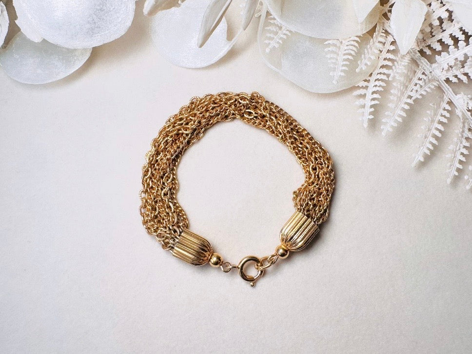 Vintage Gold Chain Bracelet, Chunky Layered Multistrand Bracelet, 1970s Classic Gold Curb and Cable Chain Estate Bracelet