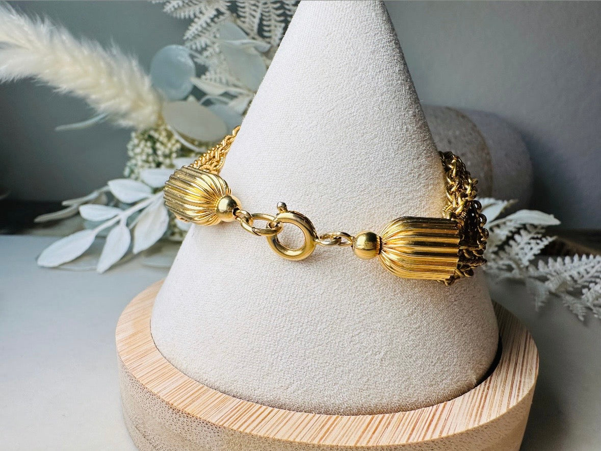 Vintage Gold Chain Bracelet, Chunky Layered Multistrand Bracelet, 1970s Classic Gold Curb and Cable Chain Estate Bracelet