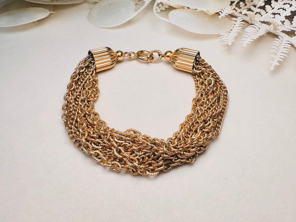 Vintage Gold Chain Bracelet, Chunky Layered Multistrand Bracelet, 1970s Classic Gold Curb and Cable Chain Estate Bracelet