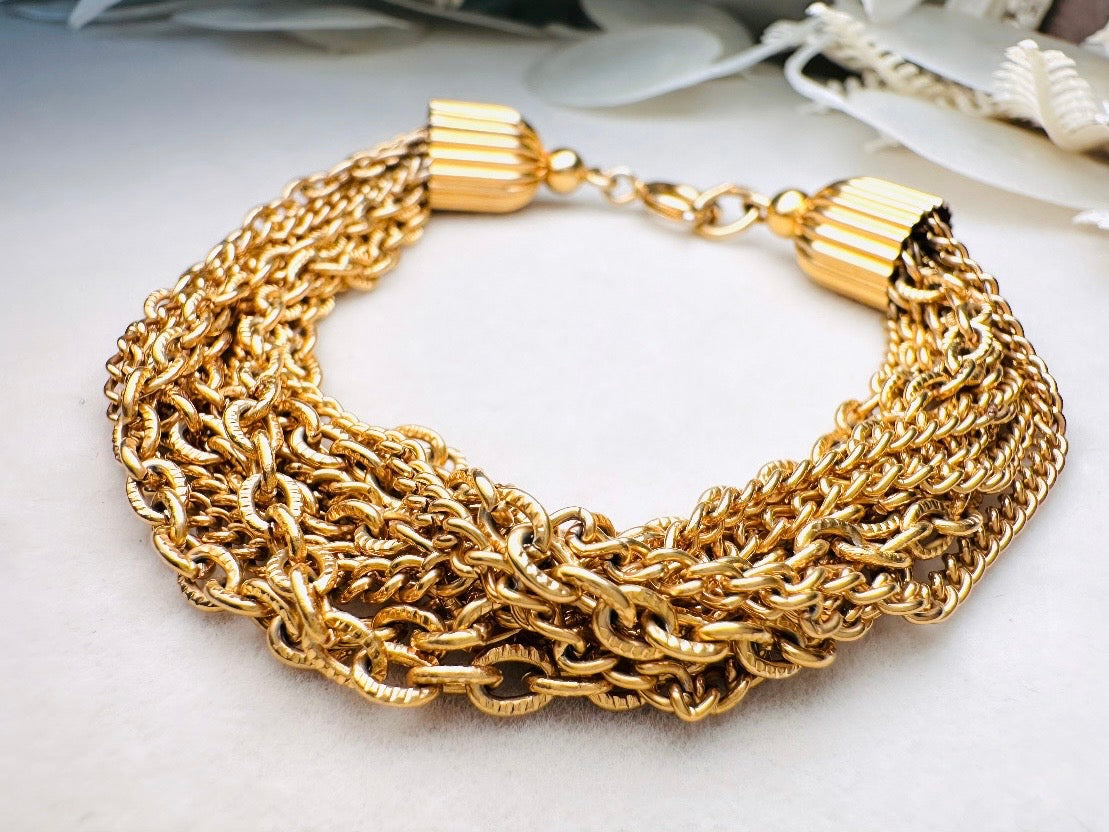 Vintage Gold Chain Bracelet, Chunky Layered Multistrand Bracelet, 1970s Classic Gold Curb and Cable Chain Estate Bracelet