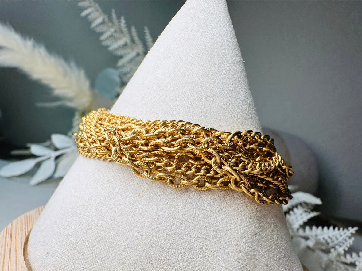 Vintage Gold Chain Bracelet, Chunky Layered Multistrand Bracelet, 1970s Classic Gold Curb and Cable Chain Estate Bracelet