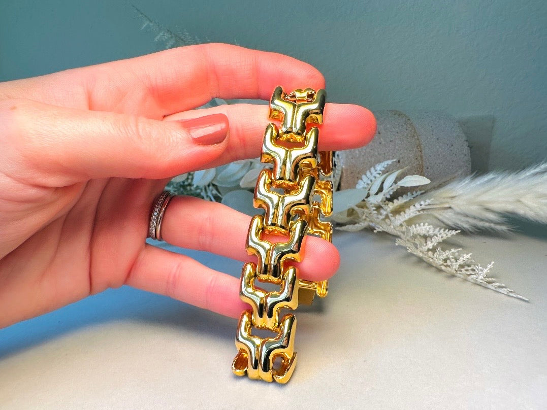 Vintage Gold Chain Bracelet, Thick 80s Chunky Gold Link Bracelet