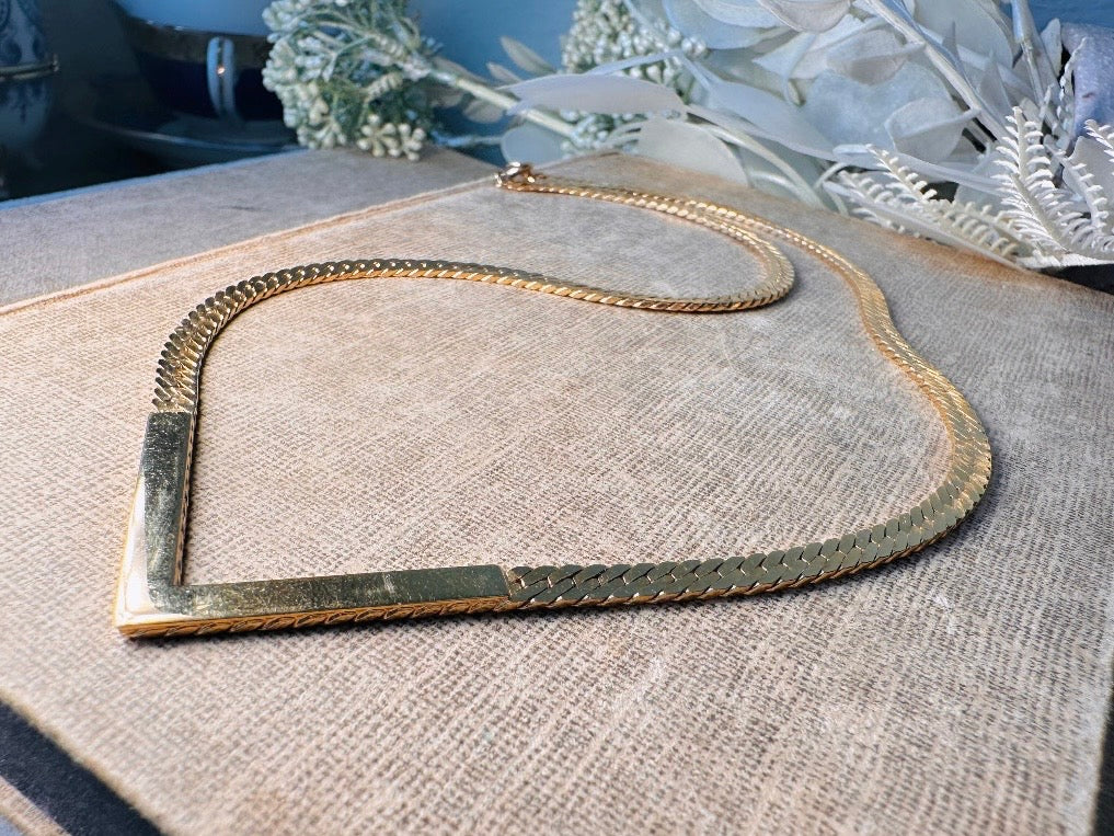 Vintage Gold Chevron Necklace, 1980s Herringbone Gold Chain Necklace with Bar Pendant