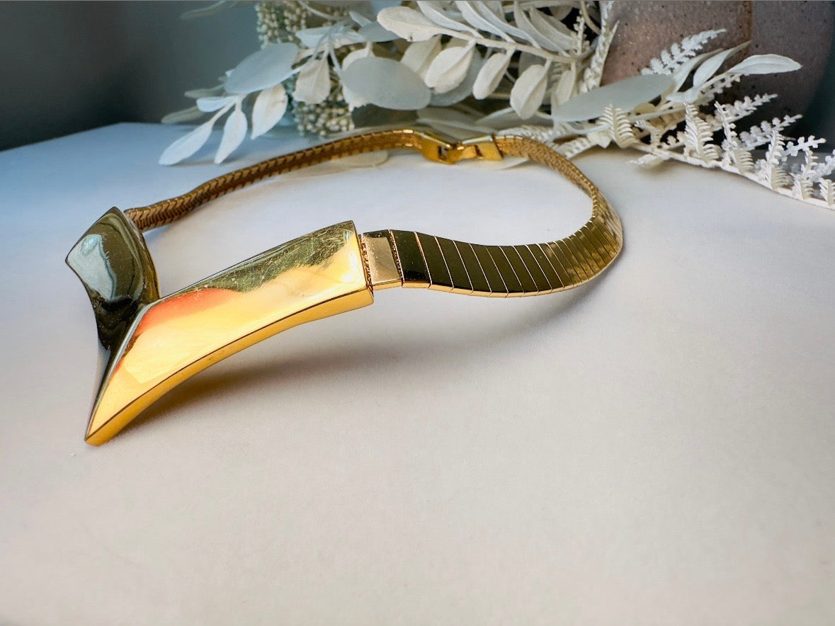 Vintage Gold Chevron Necklace, Napier 80s Omega Chain Choker with V Bar Pendant