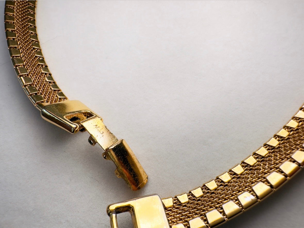 Vintage Gold Chevron Necklace, Napier 80s Omega Chain Choker with V Bar Pendant