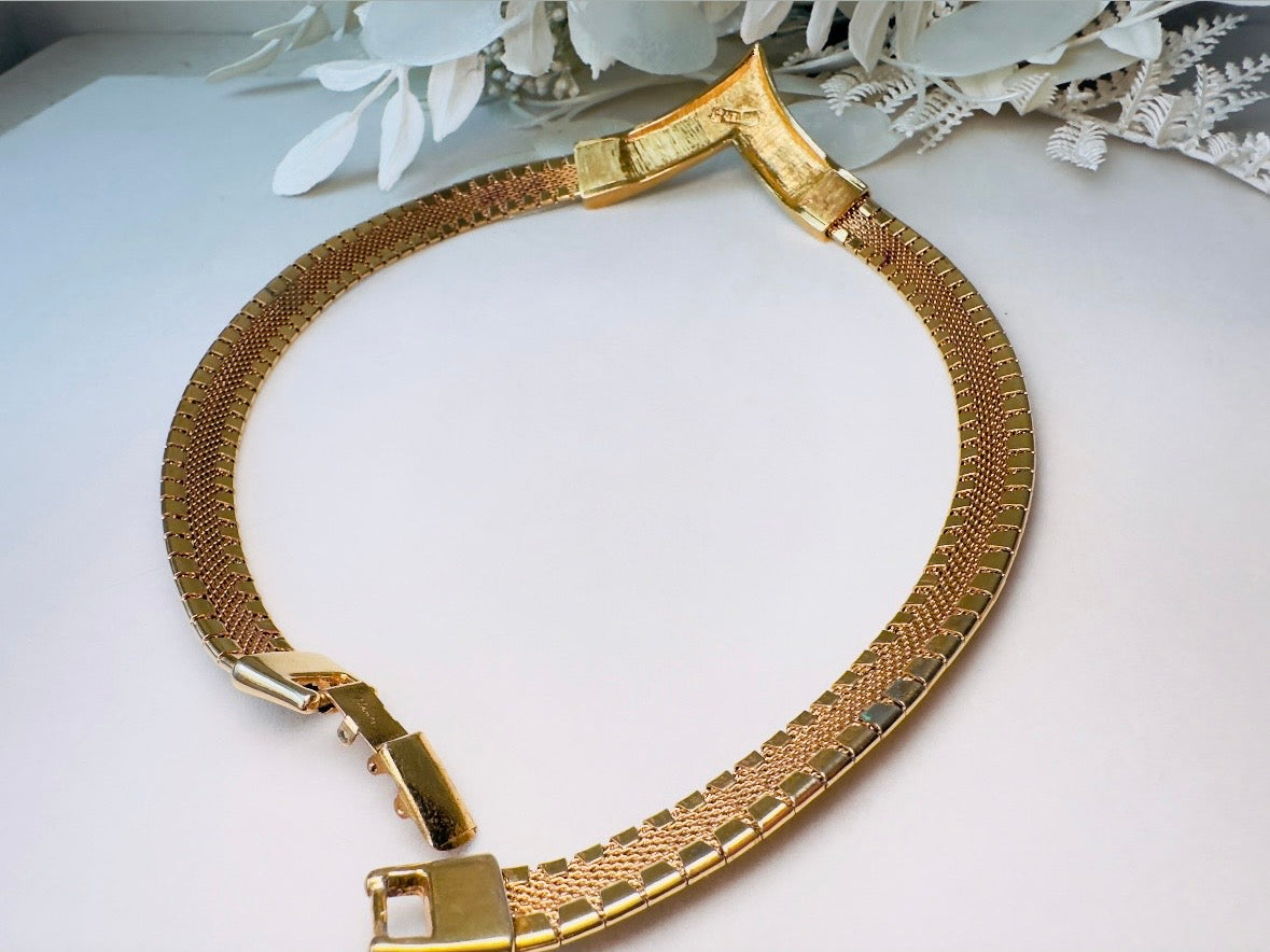 Vintage Gold Chevron Necklace, Napier 80s Omega Chain Choker with V Bar Pendant