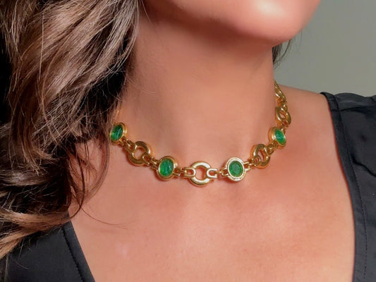 Vintage Gold Choker Necklace with Green Glass Bezel Links, Bold 80s Geometric Link Necklace with Fold Over Clasp