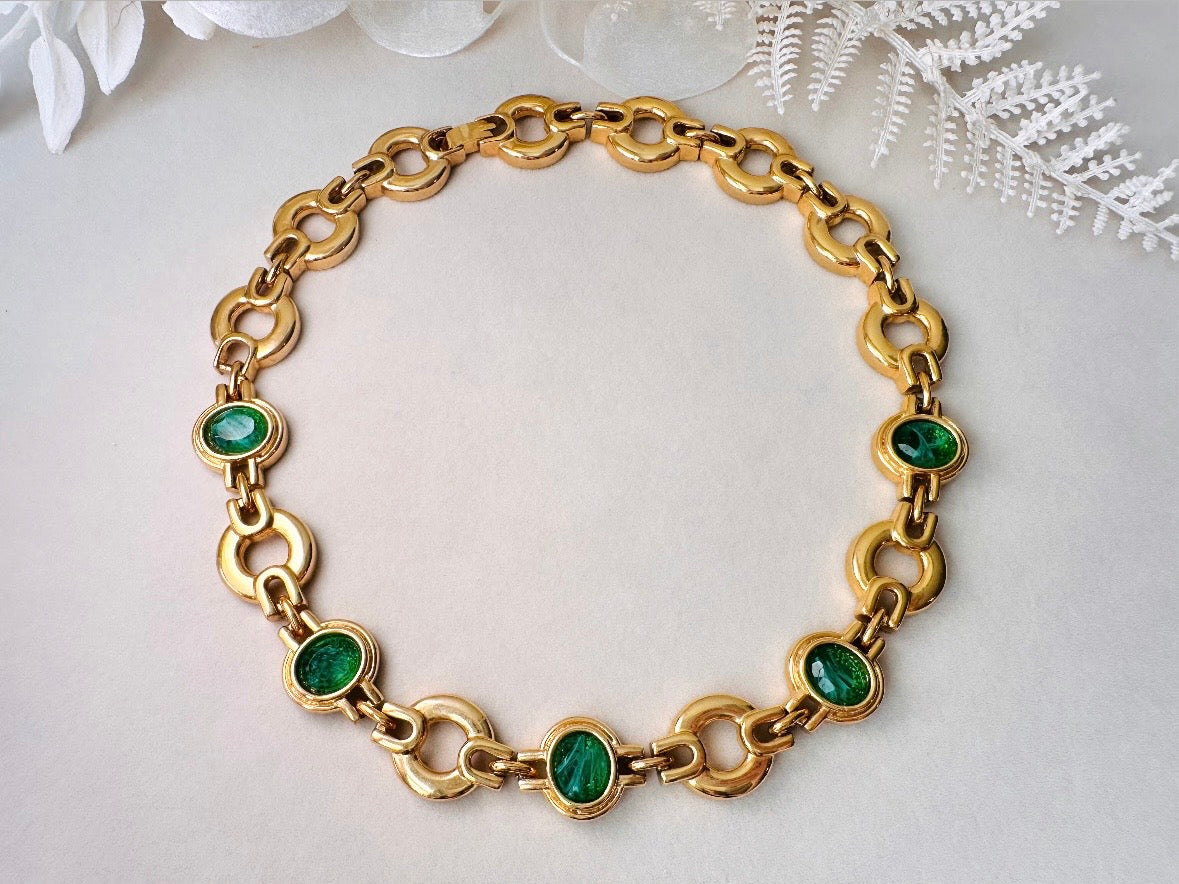 Vintage Gold Choker Necklace with Green Glass Bezel Links, Bold 80s Geometric Link Necklace with Fold Over Clasp