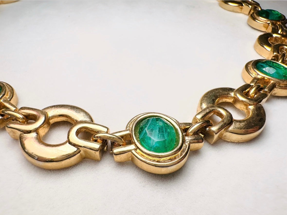 Vintage Gold Choker Necklace with Green Glass Bezel Links, Bold 80s Geometric Link Necklace with Fold Over Clasp