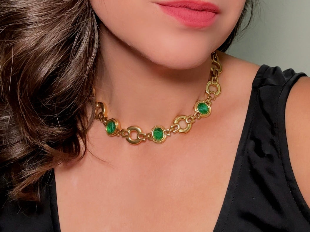 Vintage Gold Choker Necklace with Green Glass Bezel Links, Bold 80s Geometric Link Necklace with Fold Over Clasp
