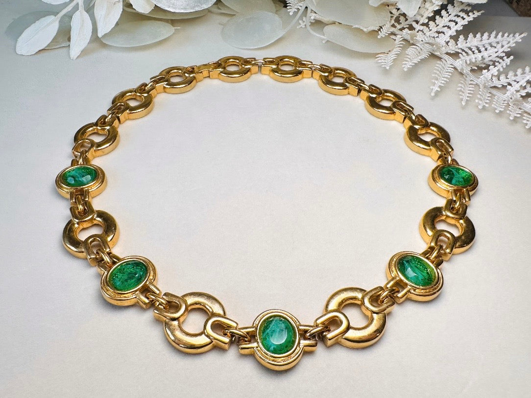 Vintage Gold Choker Necklace with Green Glass Bezel Links, Bold 80s Geometric Link Necklace with Fold Over Clasp