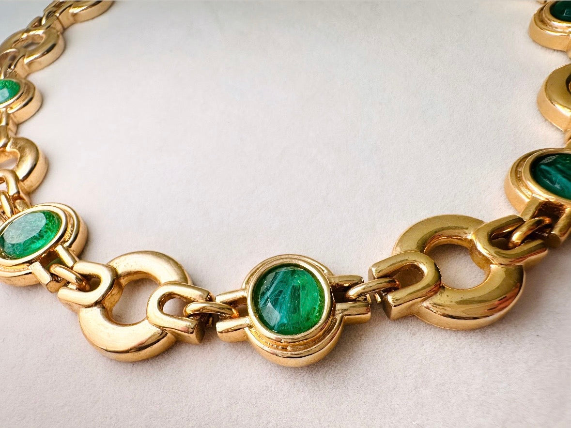 Vintage Gold Choker Necklace with Green Glass Bezel Links, Bold 80s Geometric Link Necklace with Fold Over Clasp