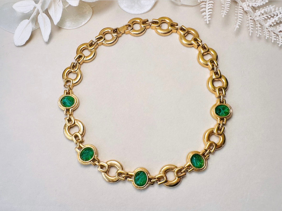 Vintage Gold Choker Necklace with Green Glass Bezel Links, Bold 80s Geometric Link Necklace with Fold Over Clasp