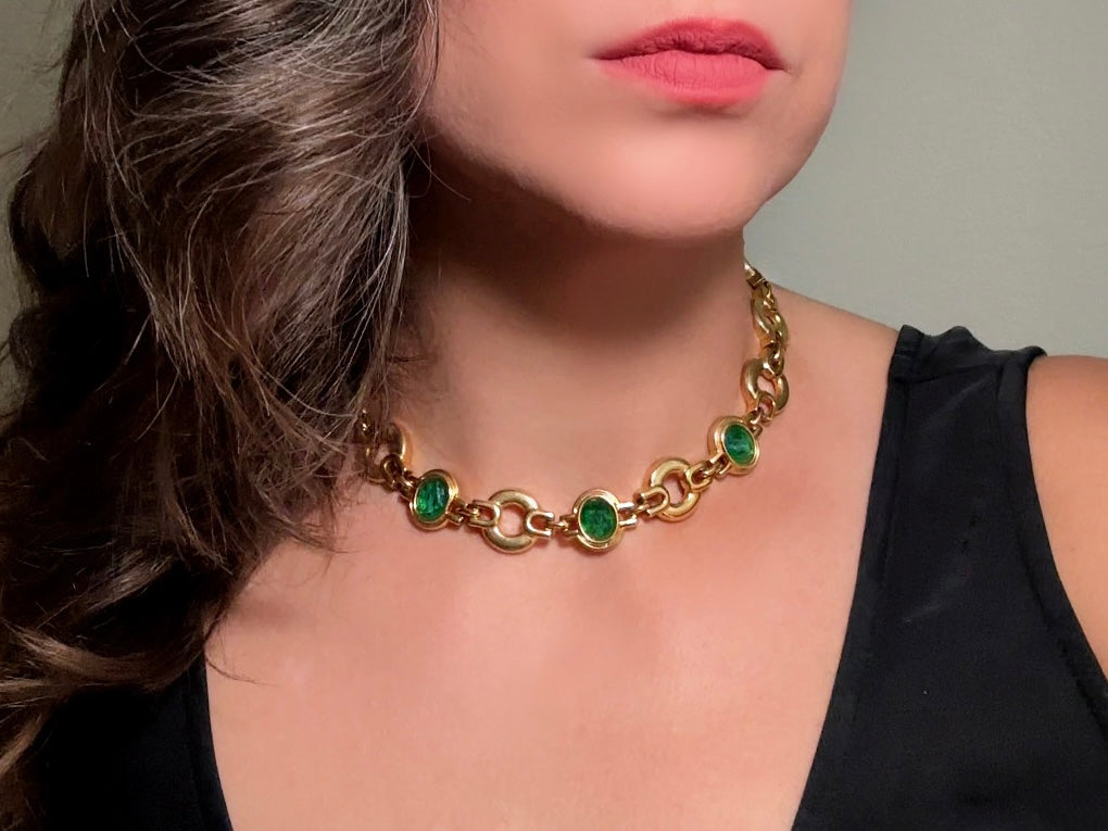 Vintage Gold Choker Necklace with Green Glass Bezel Links, Bold 80s Geometric Link Necklace with Fold Over Clasp