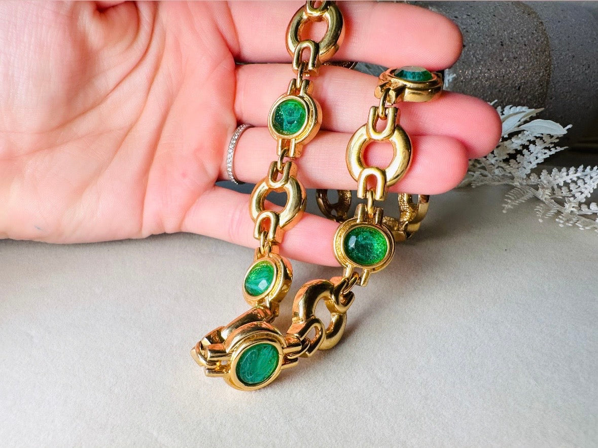 Vintage Gold Choker Necklace with Green Glass Bezel Links, Bold 80s Geometric Link Necklace with Fold Over Clasp