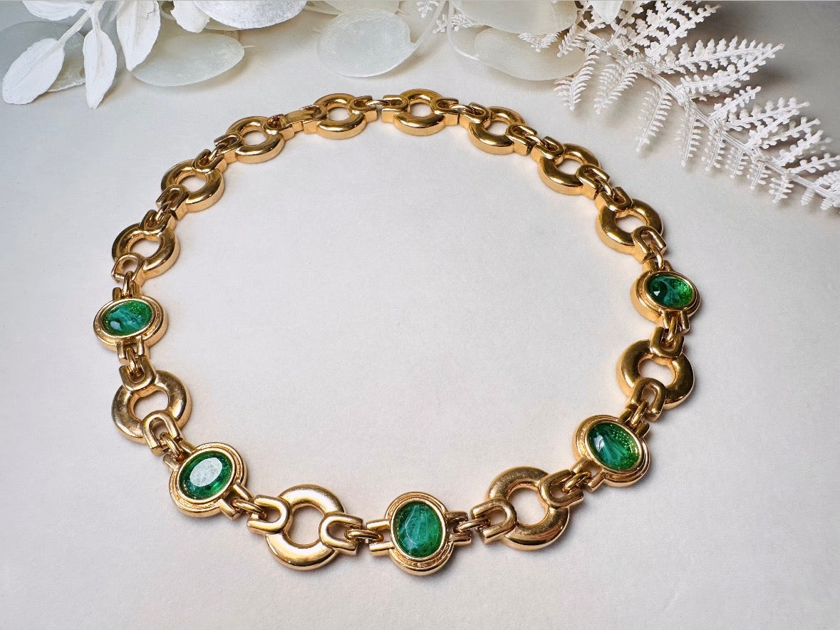 Vintage Gold Choker Necklace with Green Glass Bezel Links, Bold 80s Geometric Link Necklace with Fold Over Clasp
