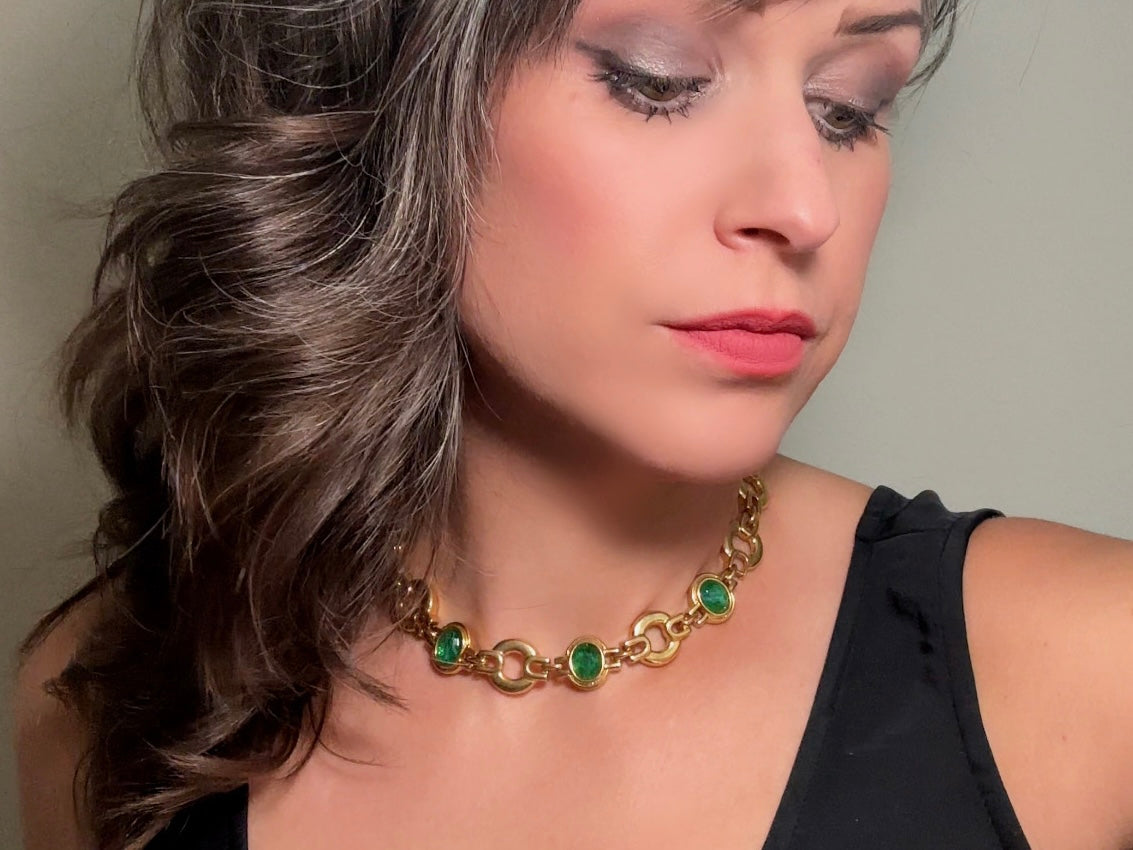 Vintage Gold Choker Necklace with Green Glass Bezel Links, Bold 80s Geometric Link Necklace with Fold Over Clasp