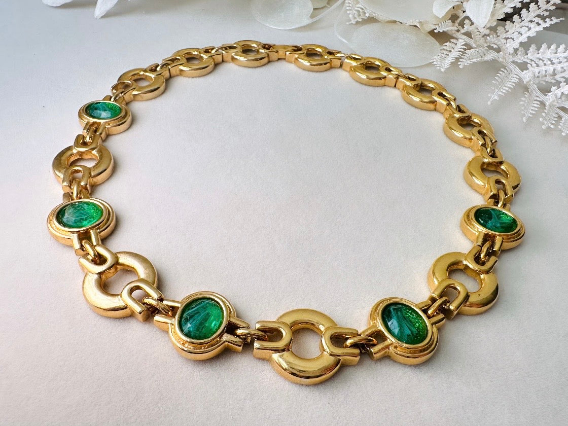 Vintage Gold Choker Necklace with Green Glass Bezel Links, Bold 80s Geometric Link Necklace with Fold Over Clasp