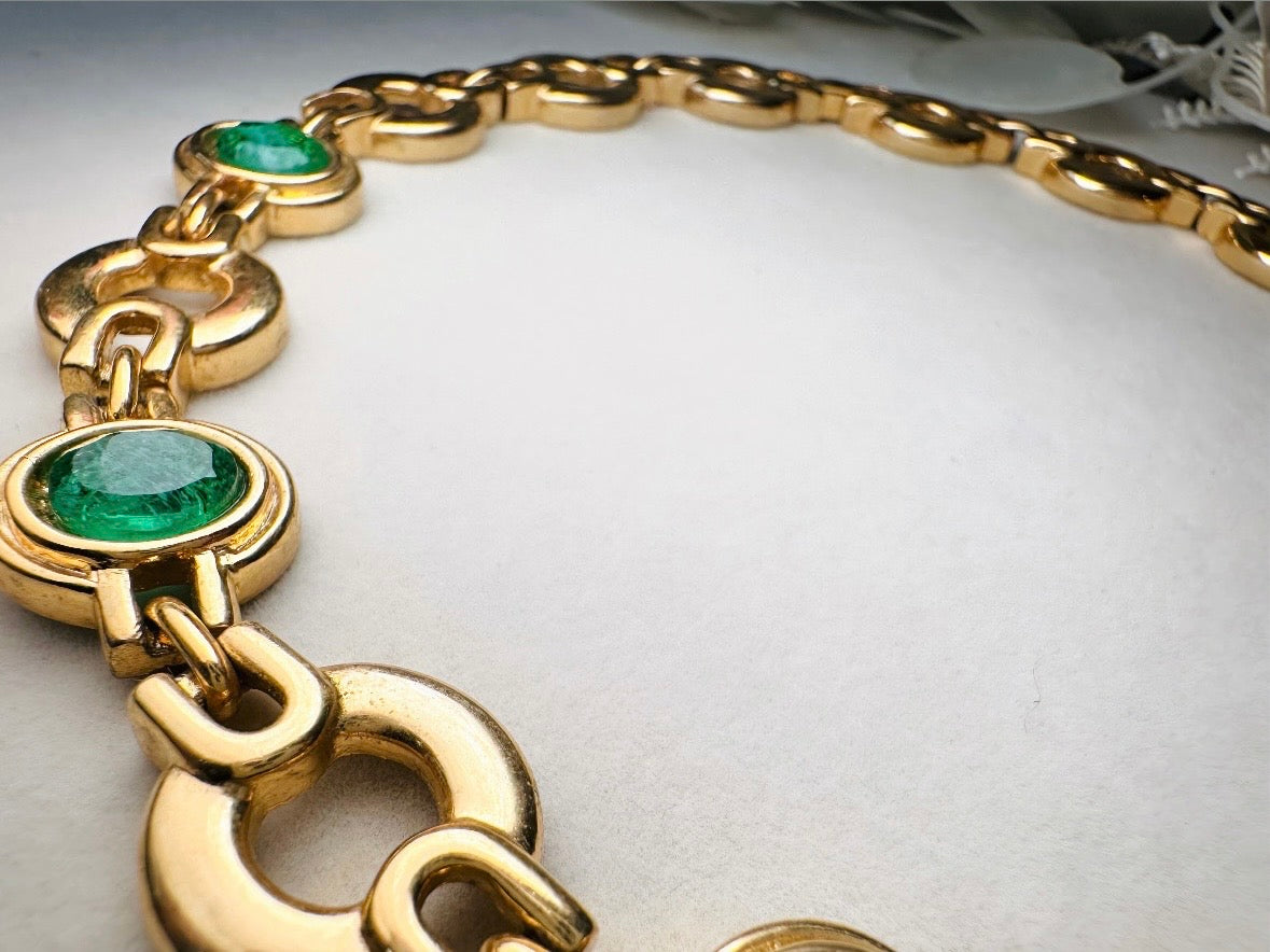 Vintage Gold Choker Necklace with Green Glass Bezel Links, Bold 80s Geometric Link Necklace with Fold Over Clasp