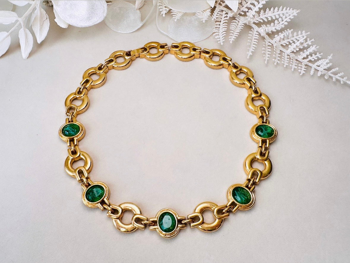 Vintage Gold Choker Necklace with Green Glass Bezel Links, Bold 80s Geometric Link Necklace with Fold Over Clasp