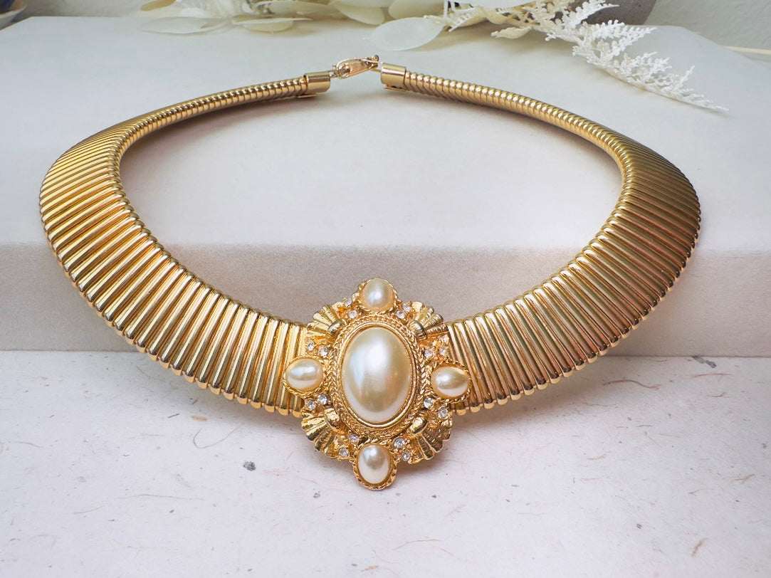 Vintage Gold Choker Necklace with Pearl Cameo Focal, Striking Chunky Gold Victorian Revival Omega Collar Necklace