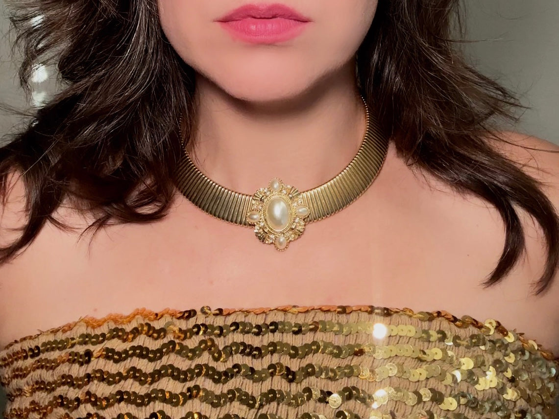 Vintage Gold Choker Necklace with Pearl Cameo Focal, Striking Chunky Gold Victorian Revival Omega Collar Necklace