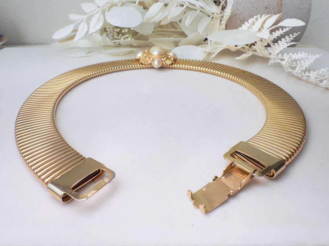 Vintage Gold Choker Necklace with Pearl Cameo Focal, Striking Chunky Gold Victorian Revival Omega Collar Necklace