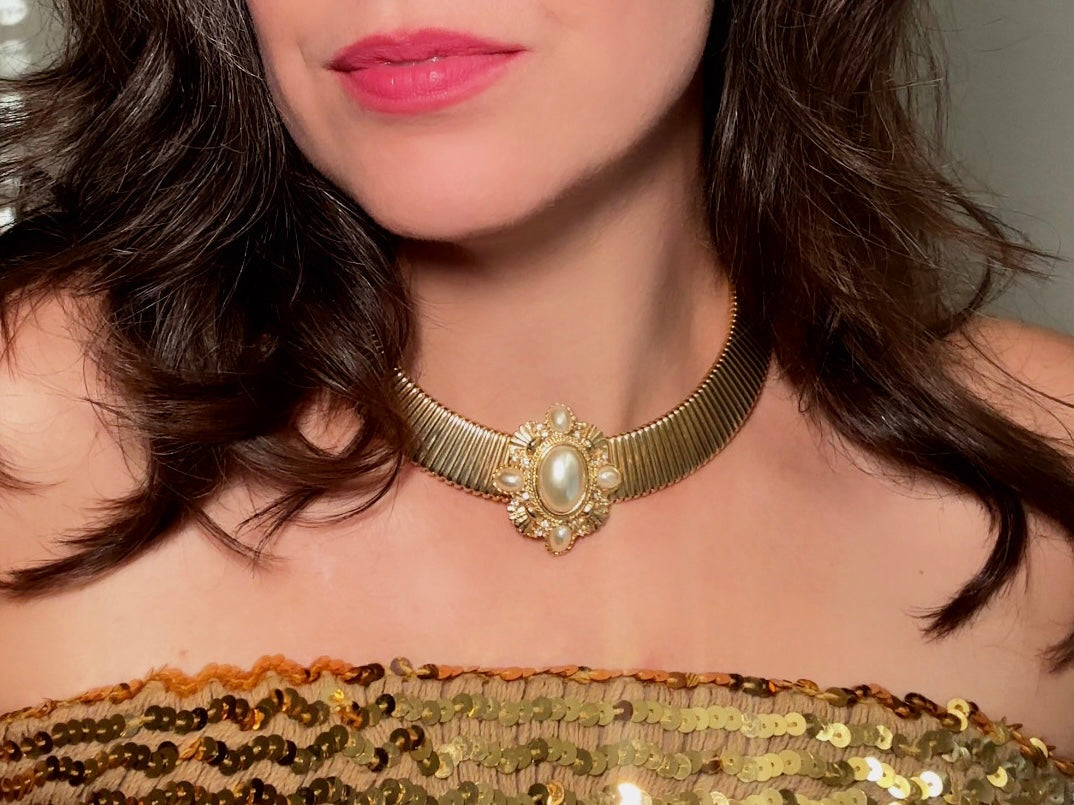 Vintage Gold Choker Necklace with Pearl Cameo Focal, Striking Chunky Gold Victorian Revival Omega Collar Necklace